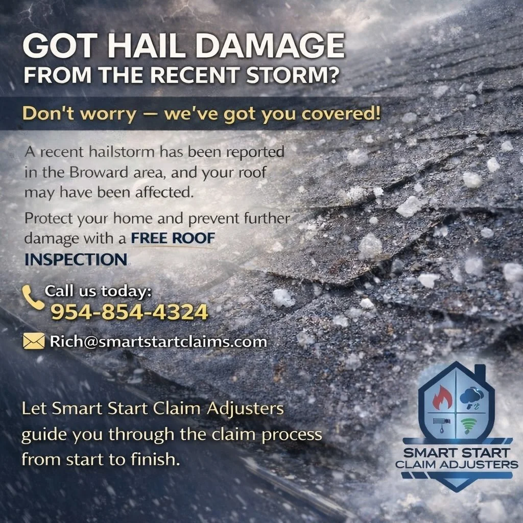 Got hit with hail? 🌨️🏠 Don&rsquo;t wait until small damage becomes a big, expensive problem.

The recent Broward storm may have impacted your roof &mdash; but Smart Start Claim Adjusters is here to help. Our FREE roof inspection can catch hidden da