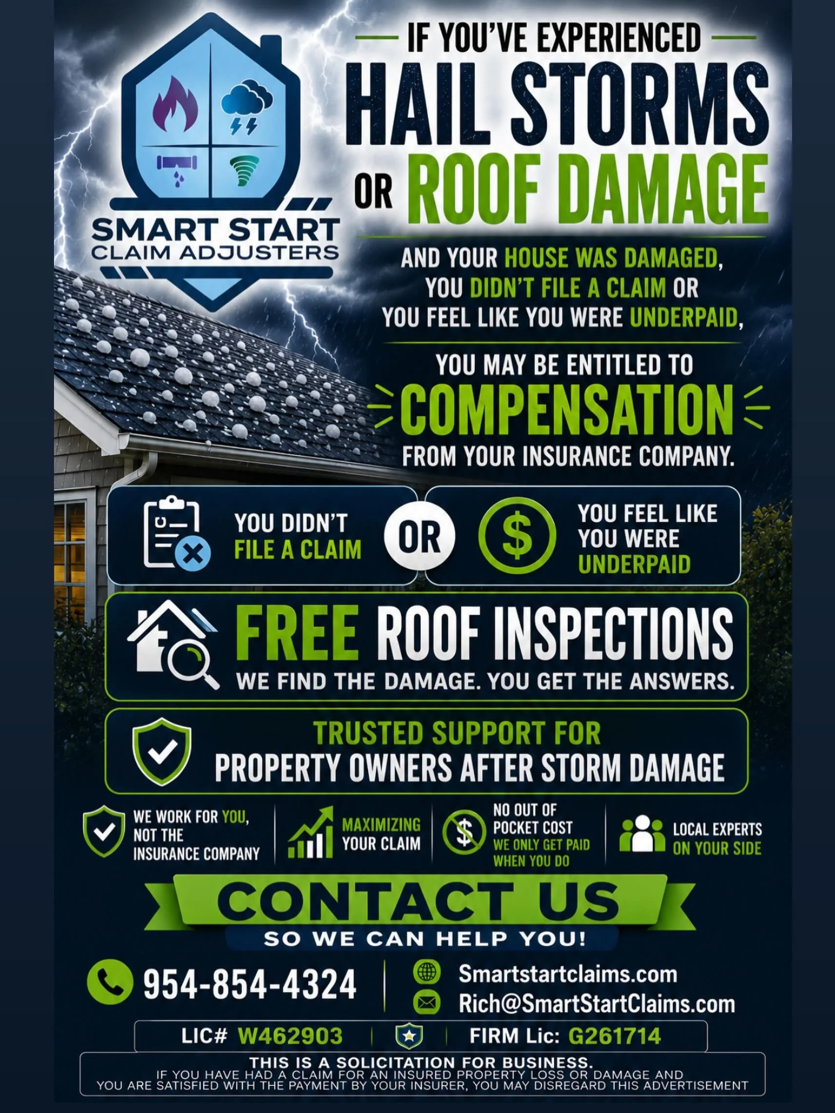 ⛈️ Storm Damage? Hail Damage? Roof Issues? ⛈️
If your home was damaged and you never filed a claim &mdash; or you feel your insurance company underpaid you &mdash; you may be entitled to additional compensation.

At Smart Start Claim Adjusters, we wo