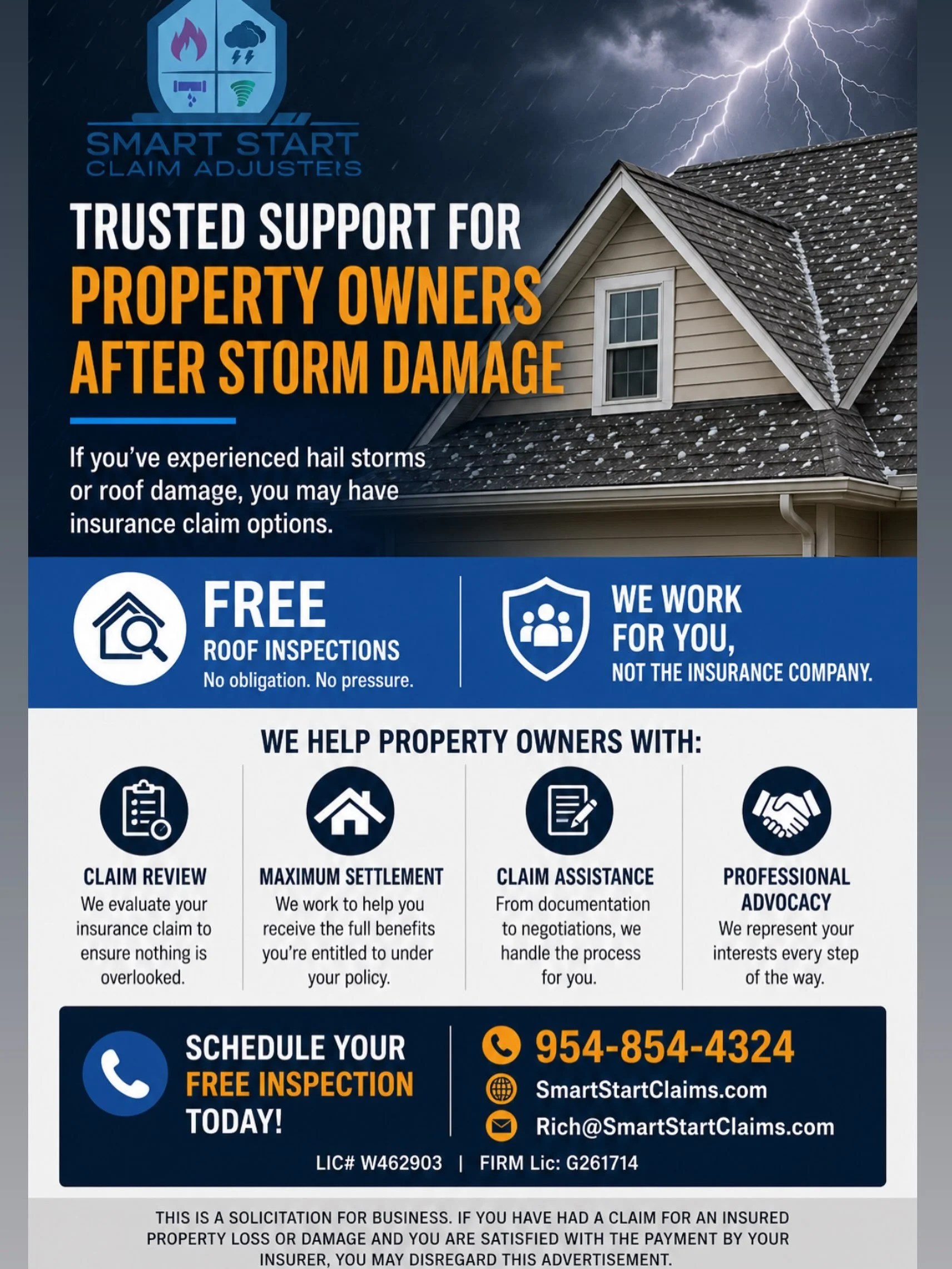 ⛈️ Have You Experienced Hail or Roof Damage Within the Last 2 Years? ⛈️

If your claim was denied, underpaid, or you never filed one at all &mdash; Smart Start Claim Adjusters is here to help.

✅ FREE Roof Inspections
✅ FREE Claim Review
✅ We Work fo