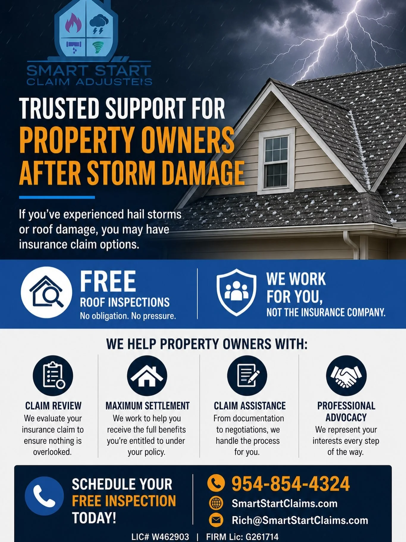 ⛈️ Have You Experienced Hail or Roof Damage Within the Last 2 Years? ⛈️

✅ FREE Roof Inspections
✅ FREE Claim Review
✅ We Work for YOU, Not the Insurance Company
✅ No Out-of-Pocket Costs

📞 954-854-4324
🌐 SmartStartClaims.com