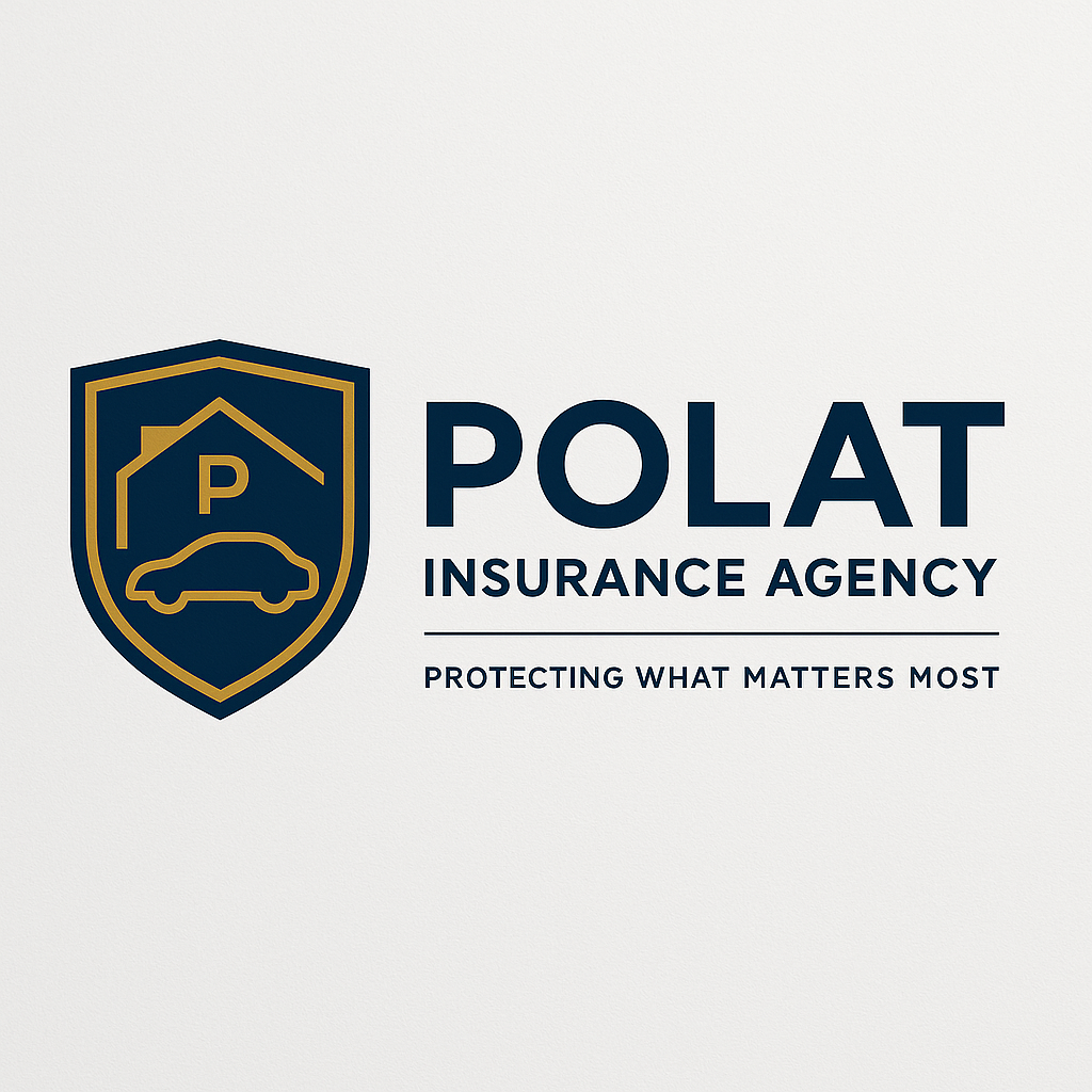 Navy and gold insurance agency logo using a shield, house, car, and agency wordmark