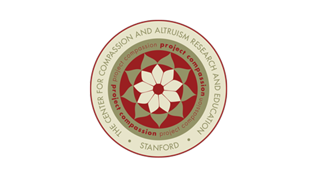 The logo of the Stanford Center for Compassion and Altruism Research and Education featuring a stylized flower with red and white petals surrounded by the center's name and location.
