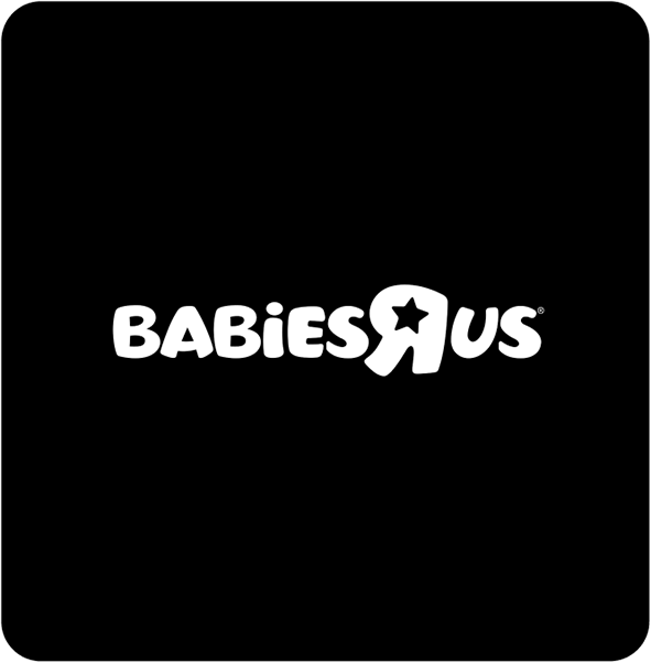 Babies"R"Us logo in white centered on a black background.