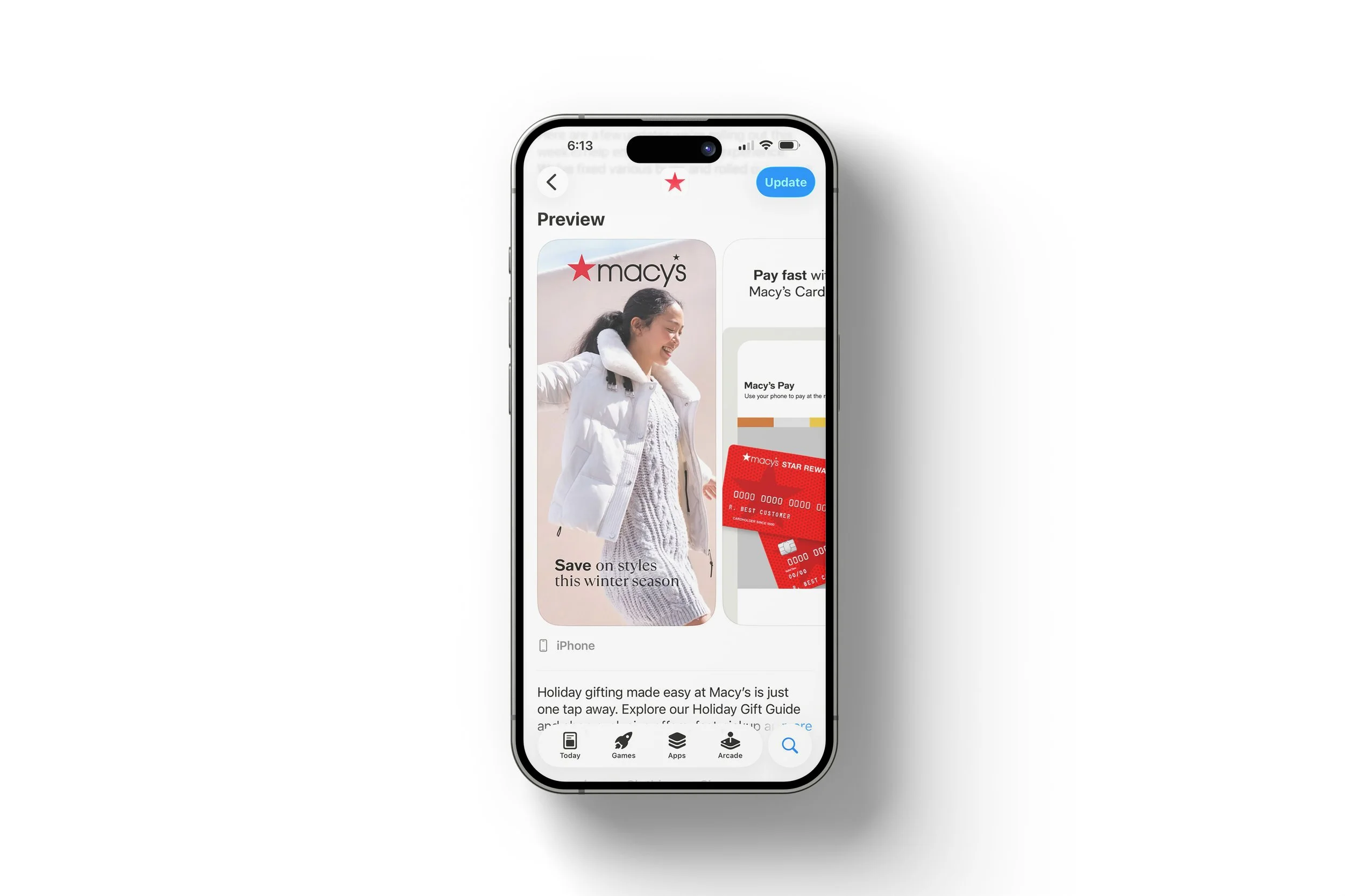 Smartphone screen showing Macy's app store advertising that shows a woman in winter clothing and Macy's red star logo.