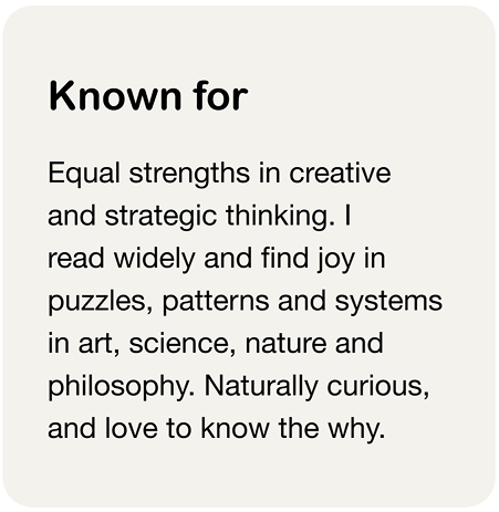 Text on a light background describing Lee's interests and passions, including creative and strategic thinking, puzzles, art, science, nature, philosophy, curiosity, and love of knowledge.