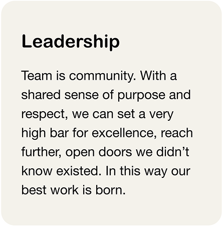 Text about leadership emphasizing community, shared purpose, inclusion, respect, and setting high standards for excellence.