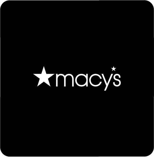 Macy's logo in white with a large star and a smaller star as apostrophe centered on a black background.