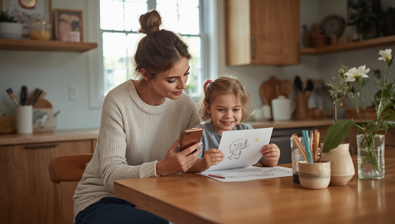 A parent puts their phone aside and attentively looks at a school-aged child's drawing at the kitchen island.