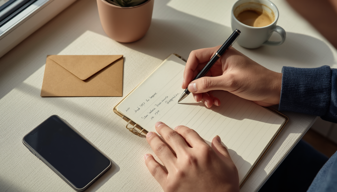 A person writing a reminder in a planner beside a phone and coffee, preparing to remember something important to a loved one.