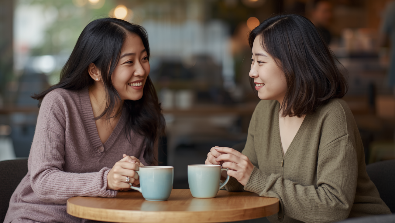 Two friends talking at a café, with one listening attentively as the other shares a personal story.