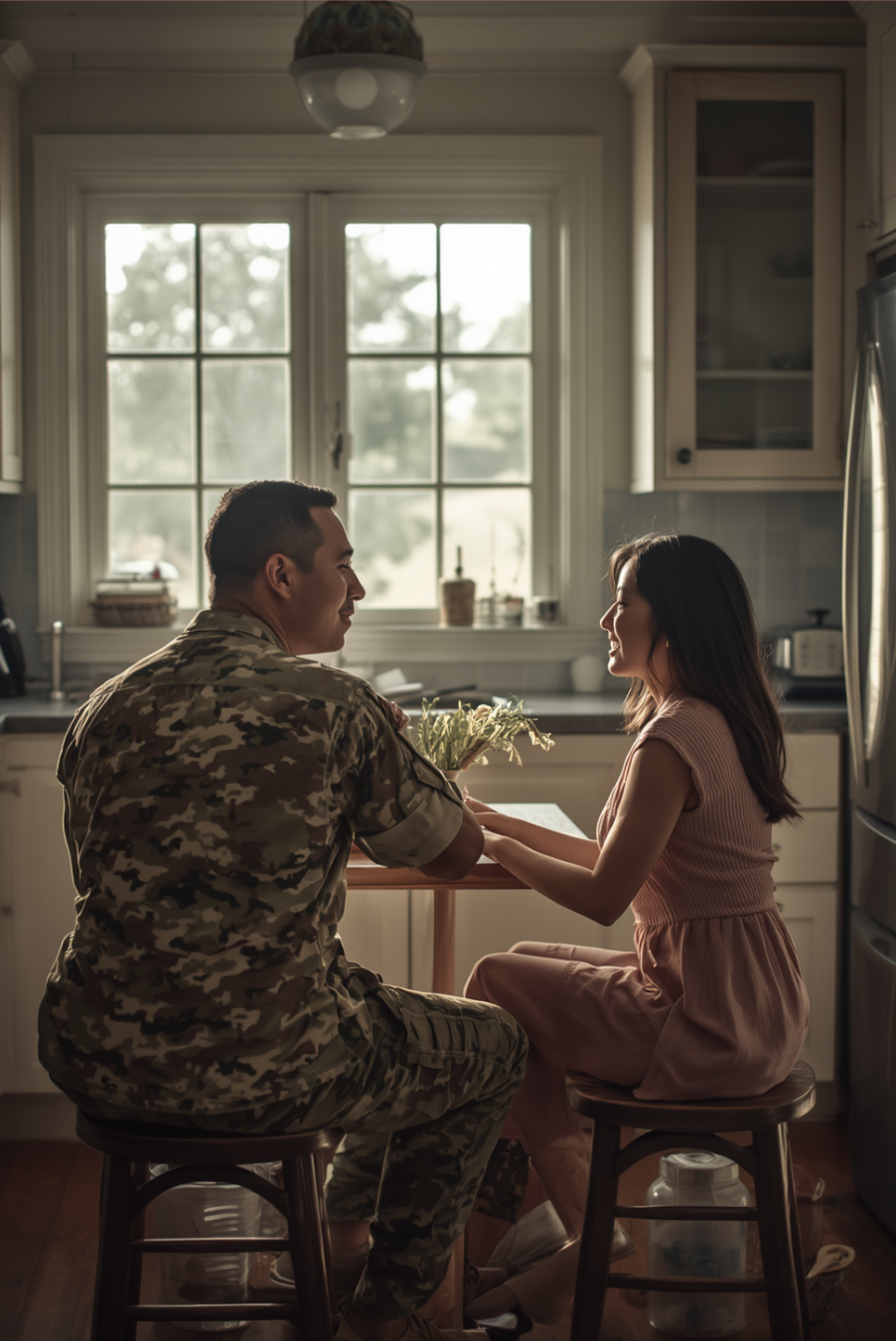A military man and his wife sitting down in their kitchen