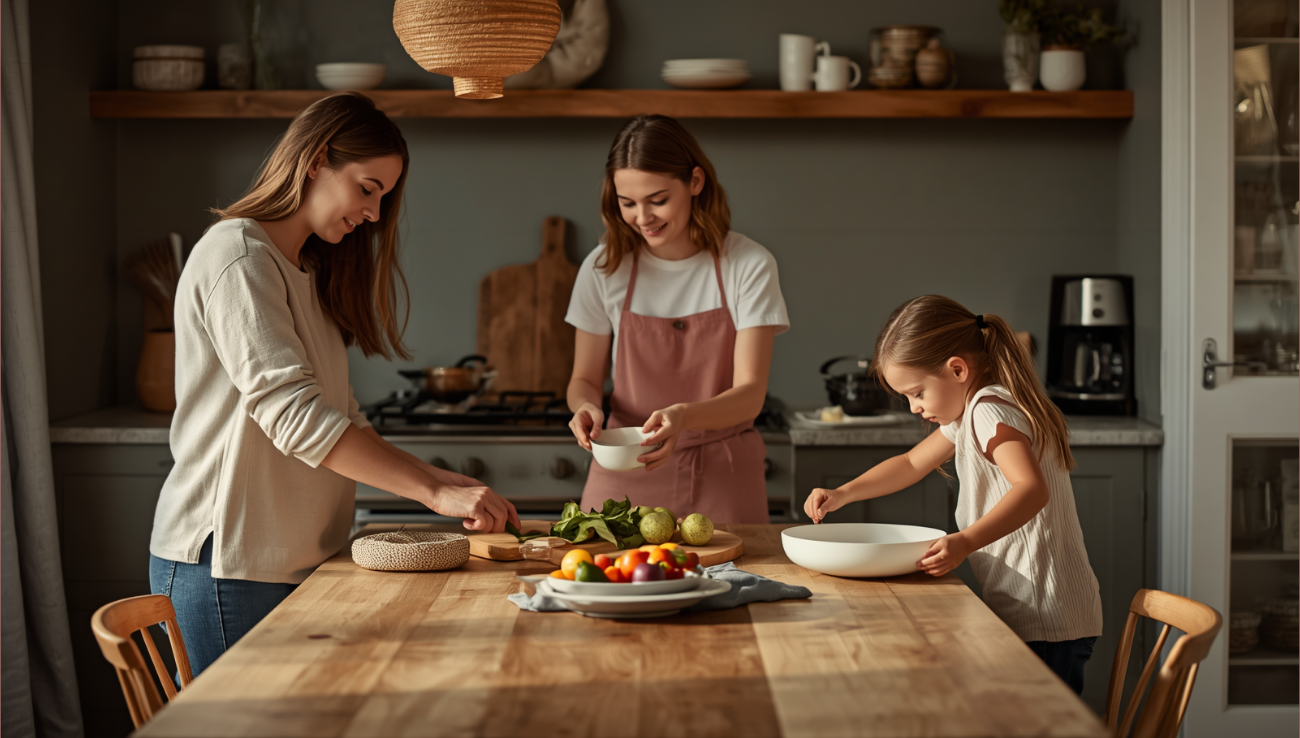 Family members prepare a meal together in the kitchen, sharing tasks and enjoying time together.