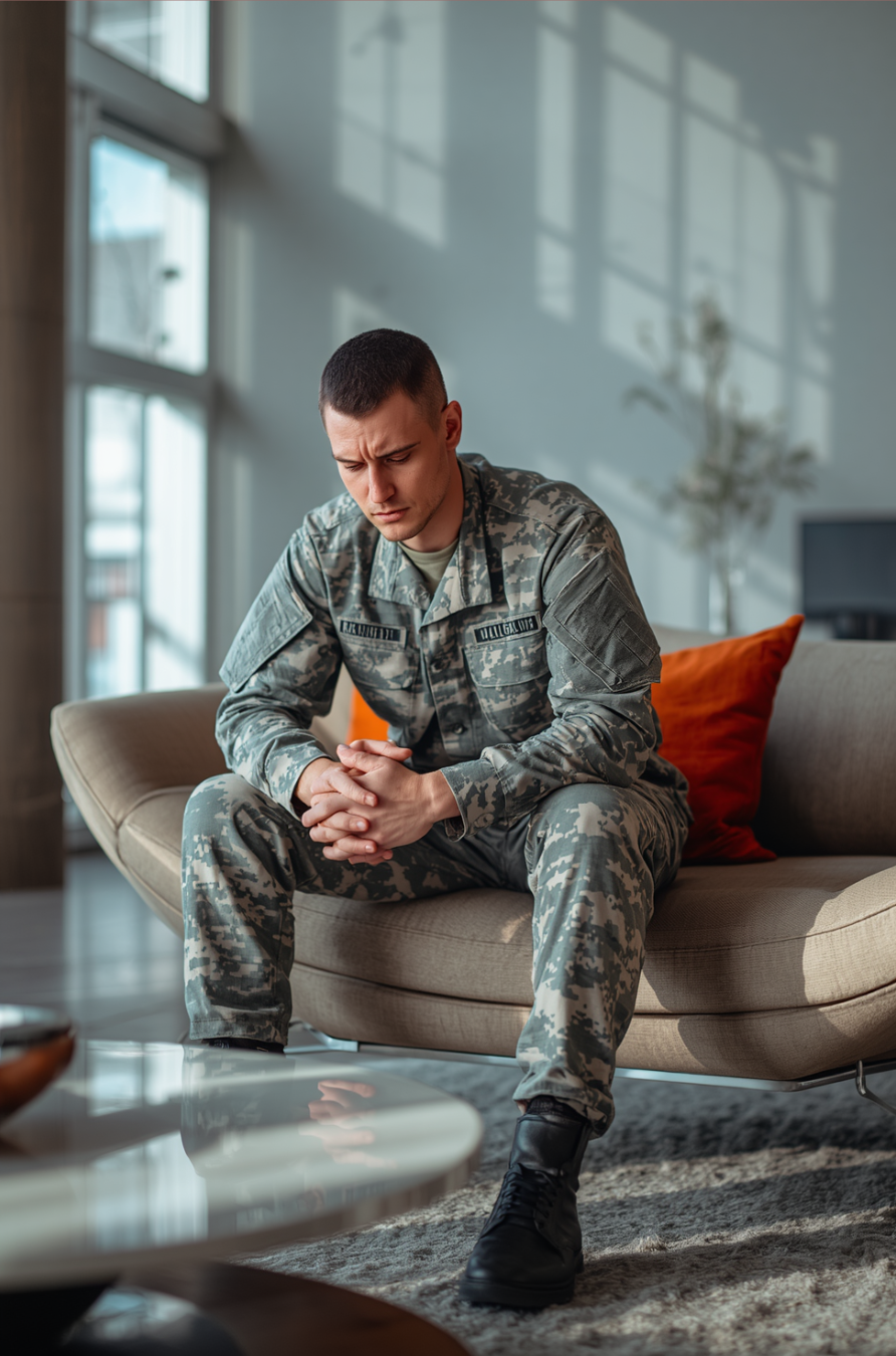 a military man sitting down in his living room looking distressed