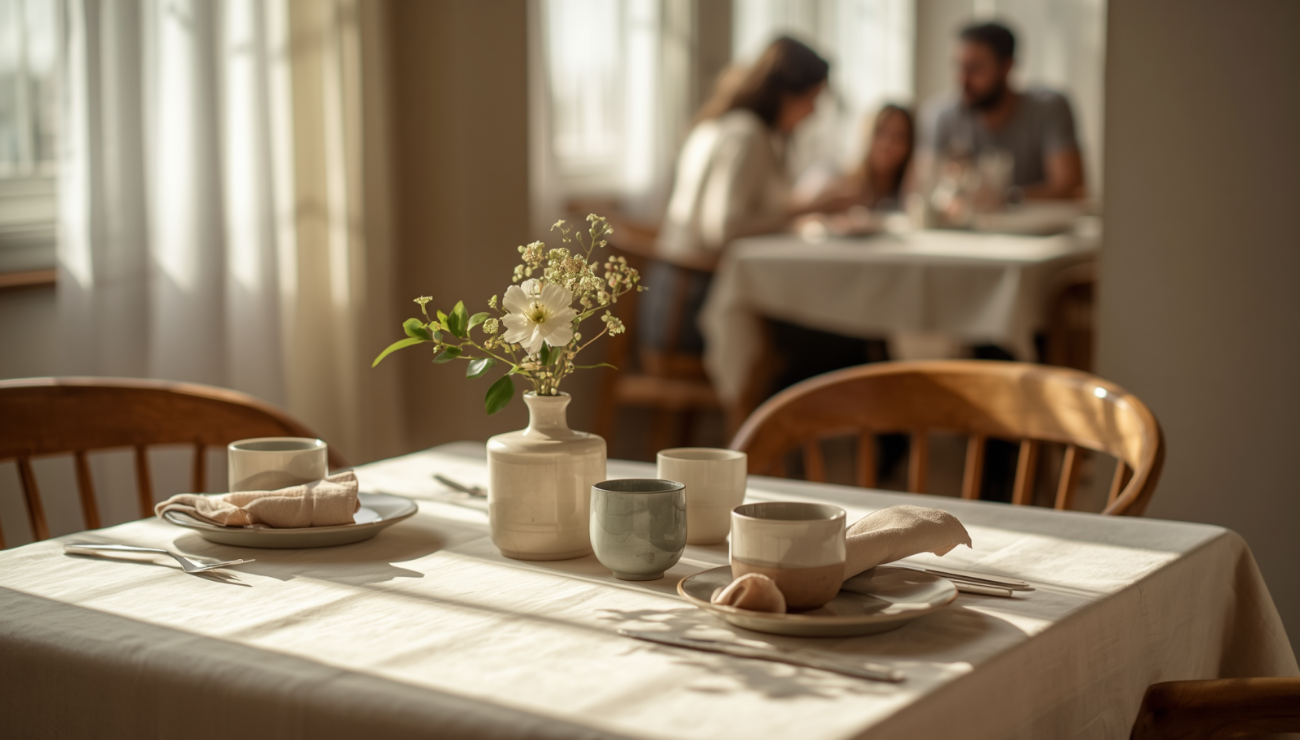 A dining table with used plates, ceramic cups, and flowers after a shared meal, with family or friends spending time together in the background.