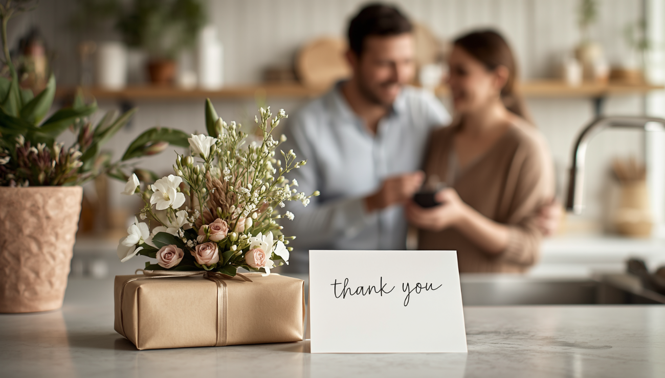 A gift with flowers on top and a thank-you card sit on a kitchen counter while two family members smile together in the background.