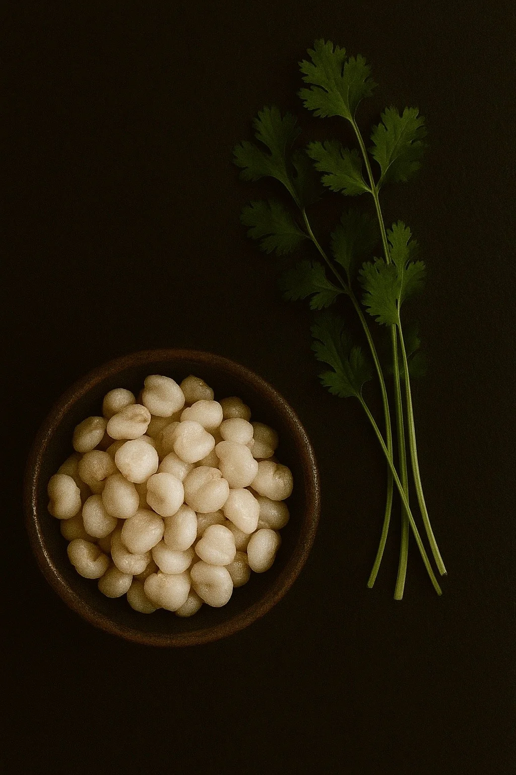 hominy in a brown ceramic bowl next to a bunch of cilantro on a black background