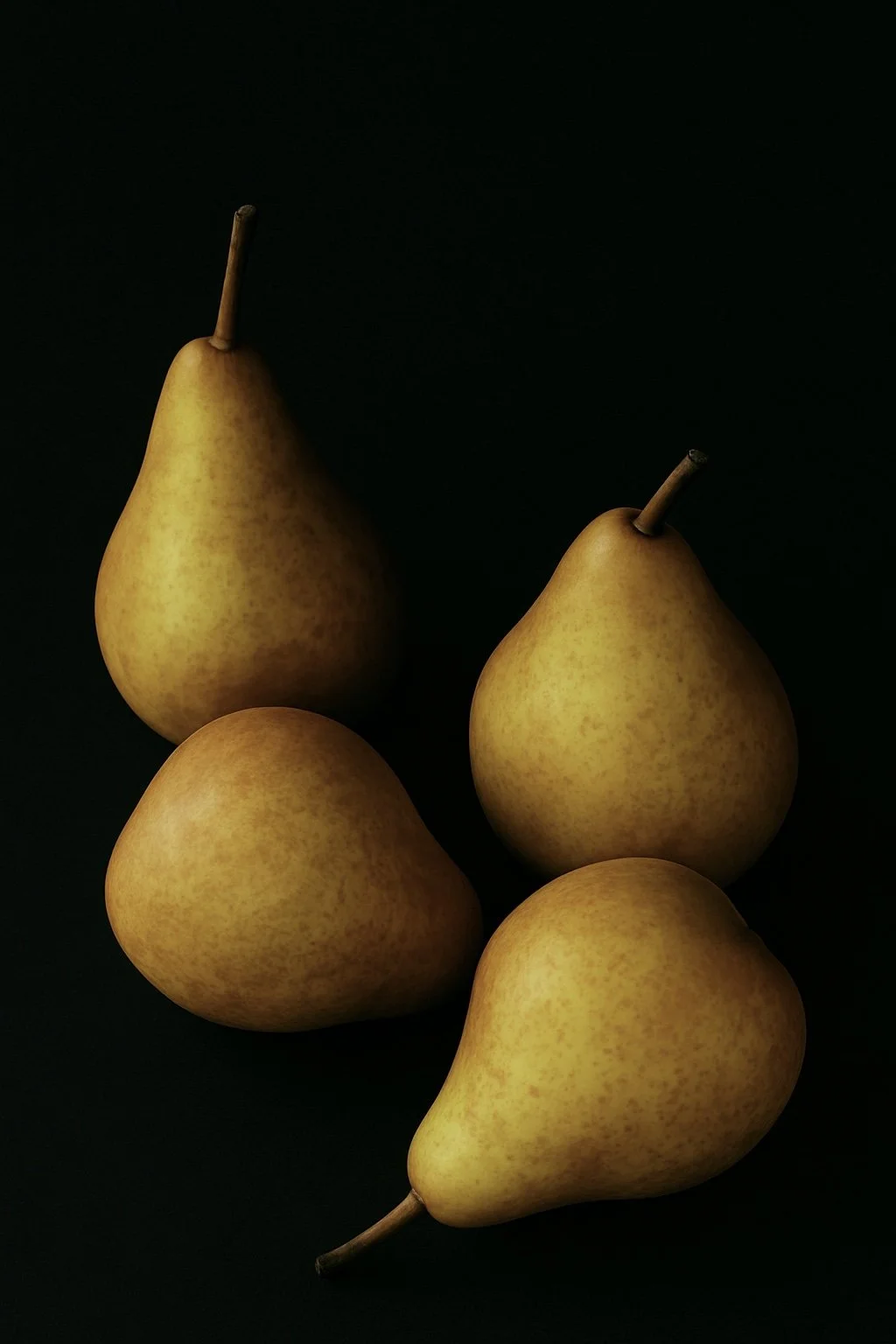 four whole pears together on a black background