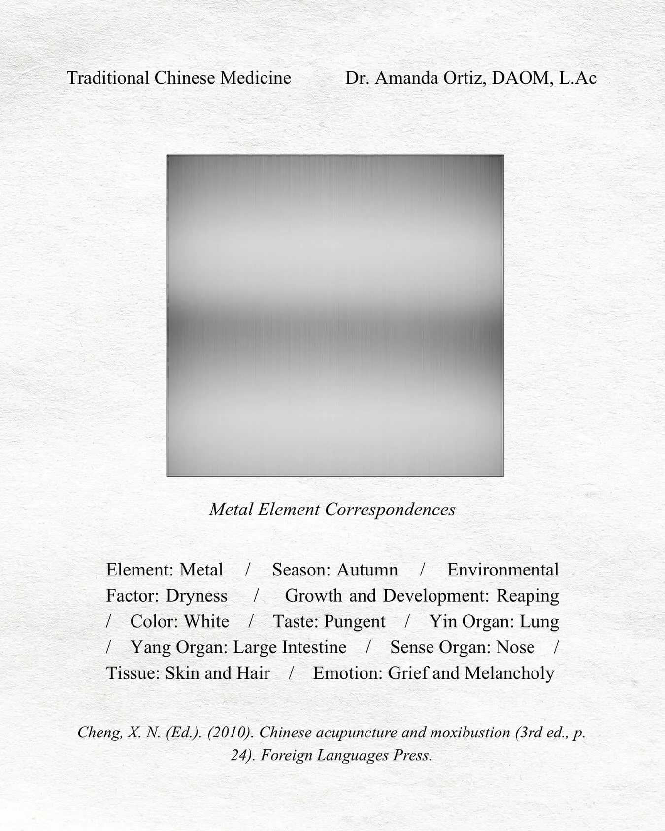 Metal Element Correspondences According to the Five Element Theory

Element: Metal /  Season: Autumn /  Environmental Factor: Dryness /  Growth and Development: Reaping /  Color: White /  Taste: Pungent /  Yin Organ: Lung /  Yang Organ: Large Intesti