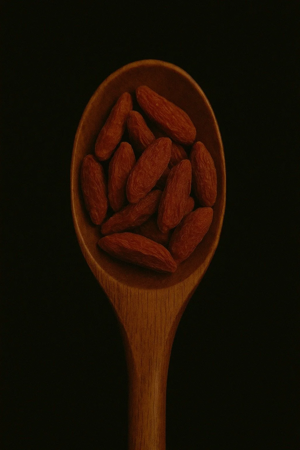 goji berries, traditional Chinese medicine, gou qi zi herb on a wooden spoon, black background