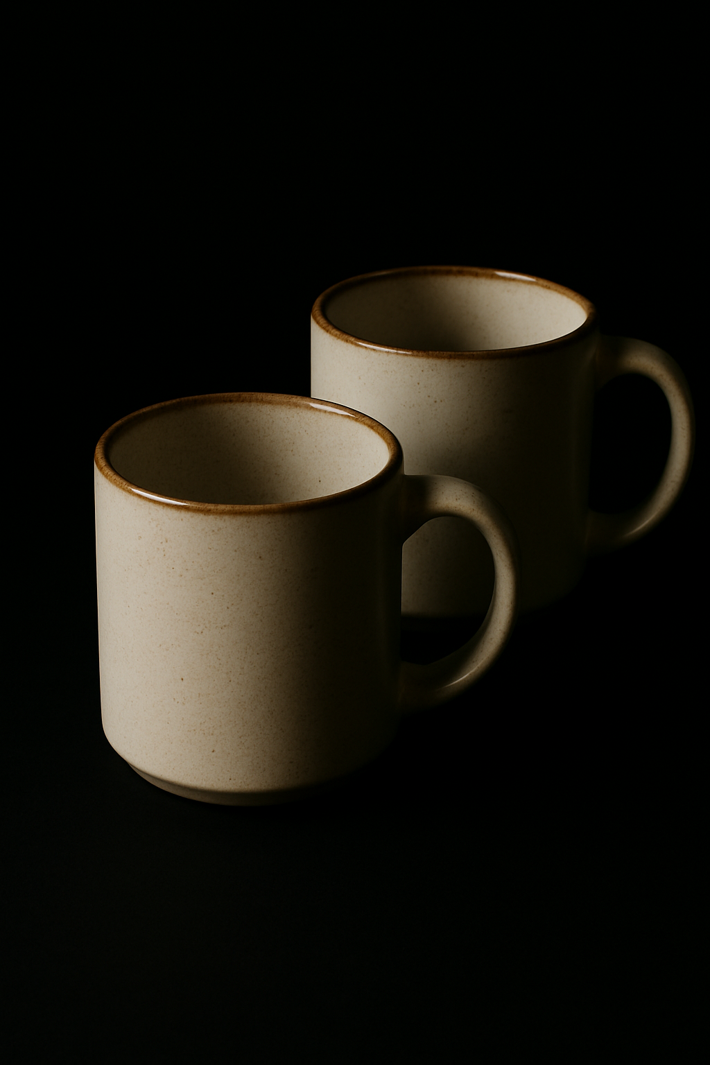 Neutral ecru ceramic mugs styled on a black background for a natural aesthetic kitchen gift guide.