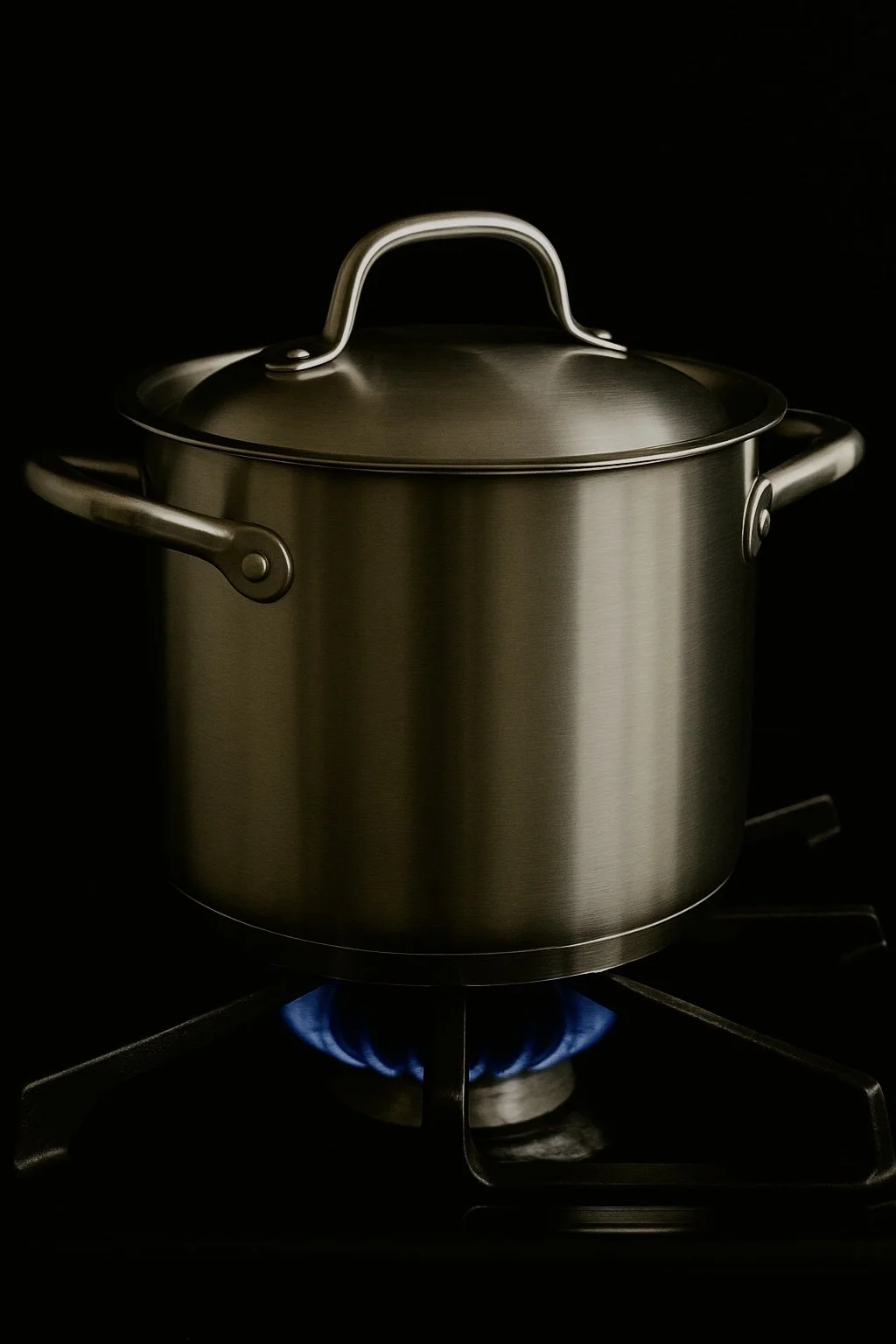 stainless steel pot with a lid over a flame gas stove on a black background