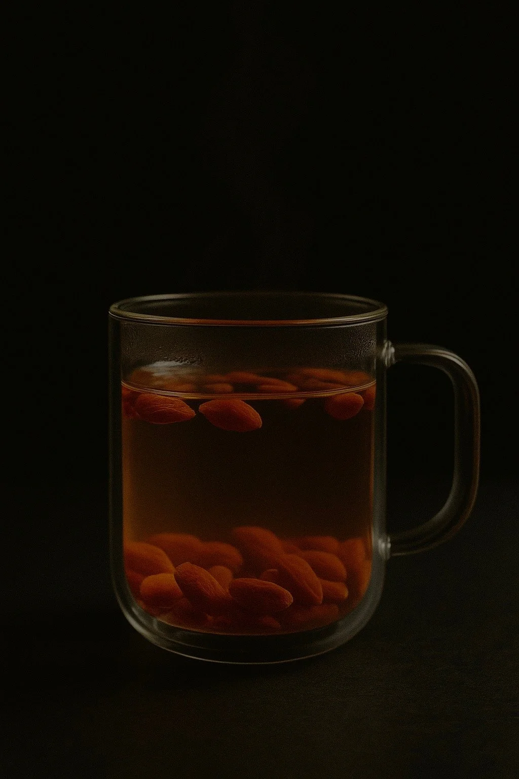 goji berries steeping in hot water in a double walled glass mug