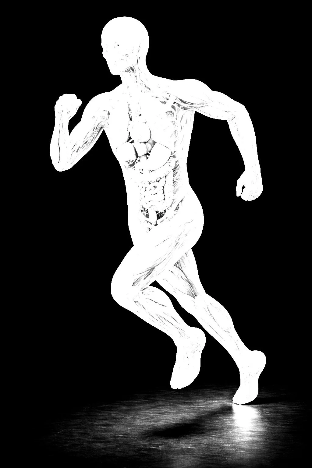 human body in tuning position on black background