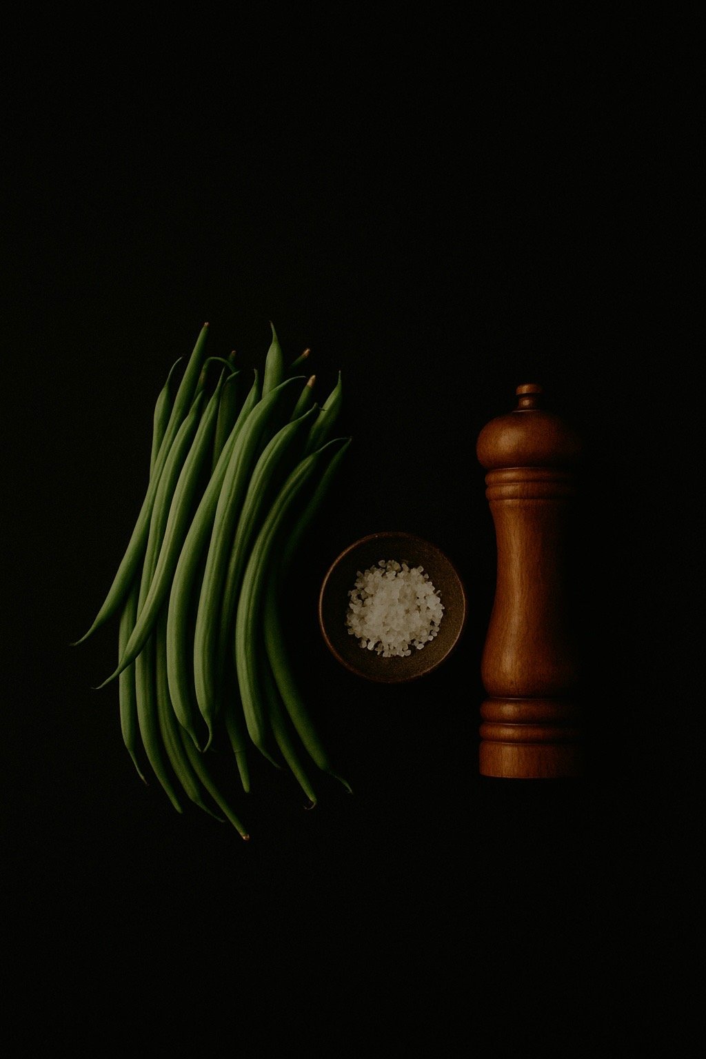 green beans, salt, and pepper on a black background