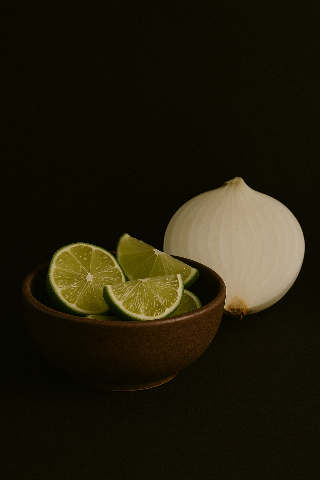 lime wedges in a brown ceramic bowl next to an onion on a black background
