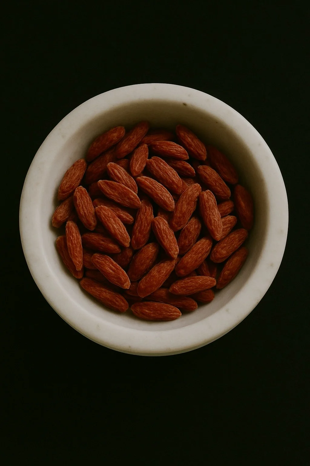 goji berries in a white round marble bowl on a black background