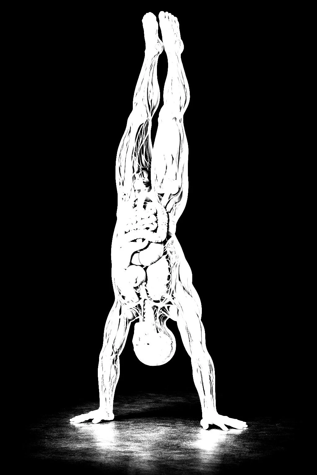 human body in handstand position on black background