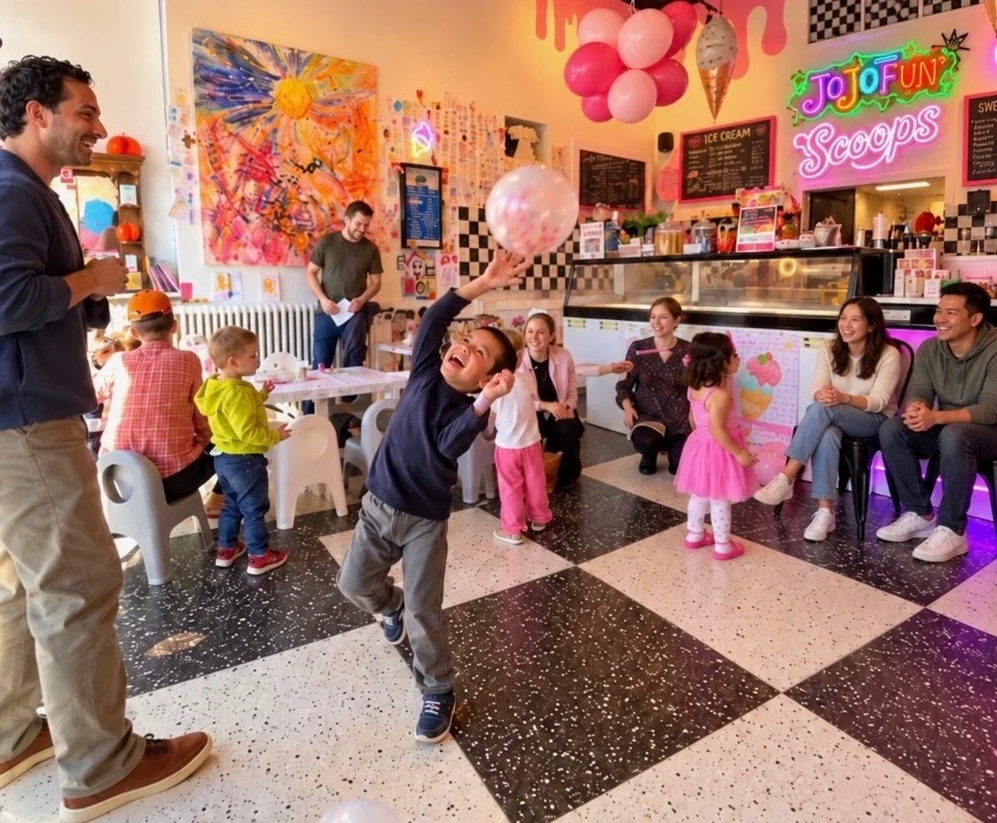 Guests enjoying a celebration inside JoJoFun Scoops