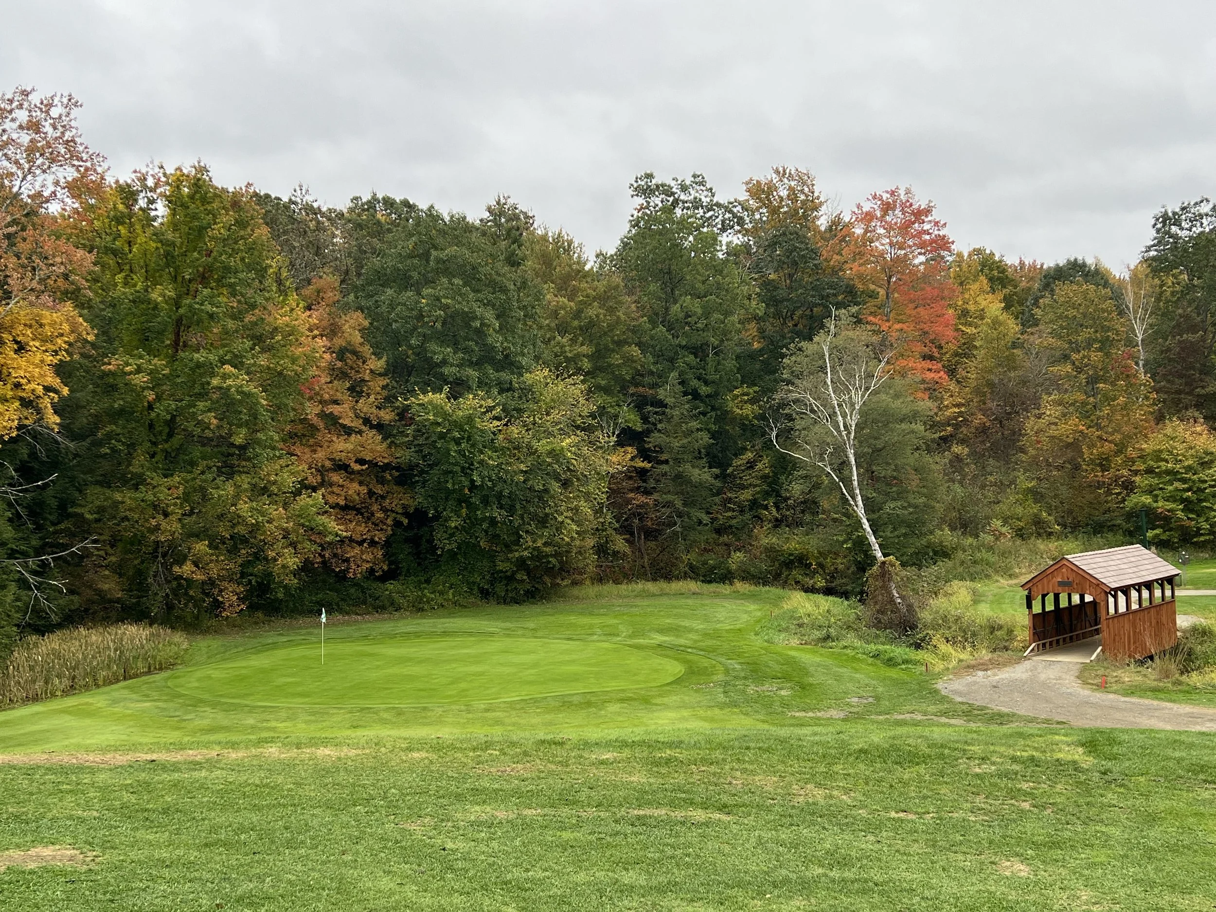 A golf course surrounded by trees with fall foliage, a small wooden shelter, and a building in the distance under a cloudy sky.