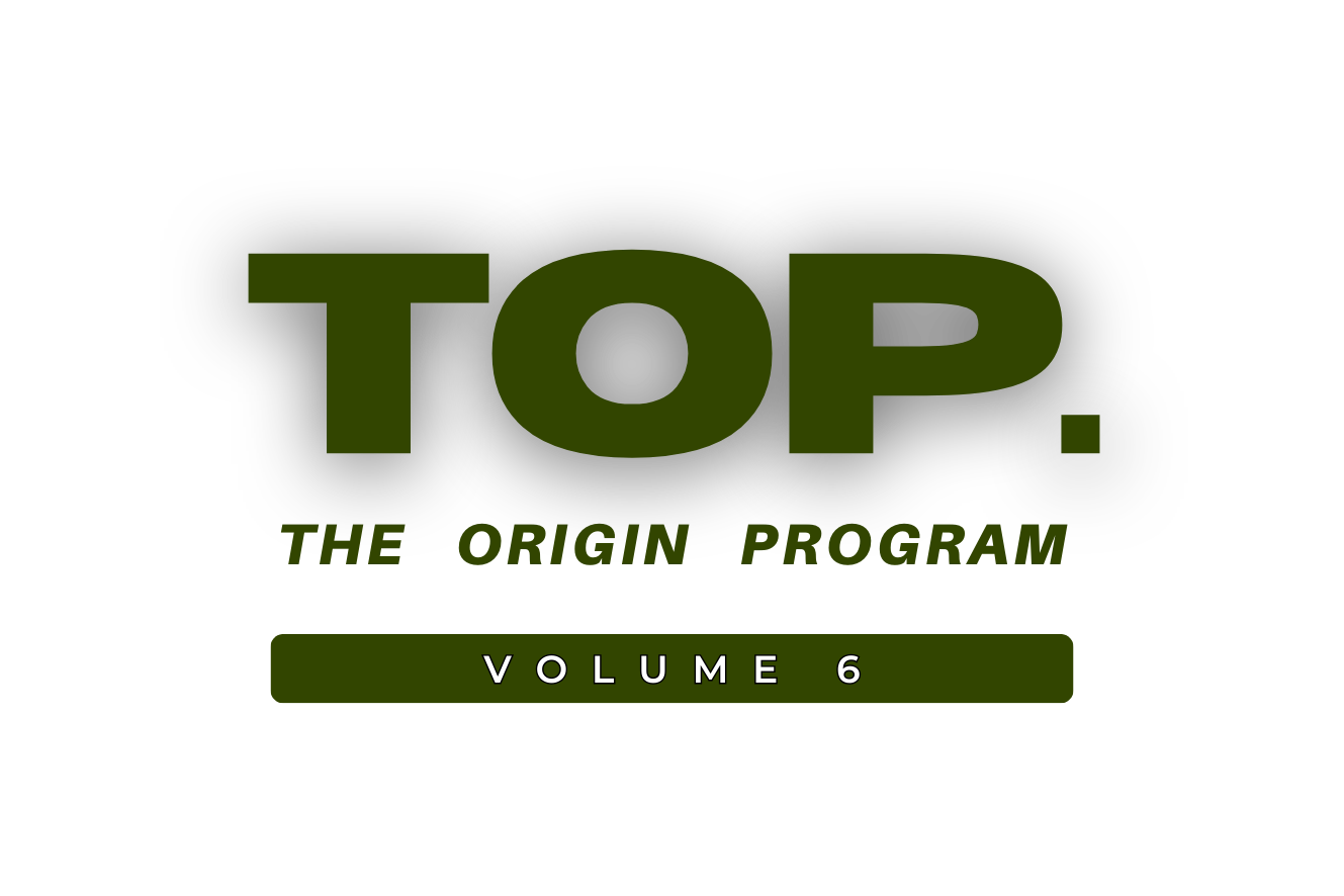 Book cover titled 'Top. The Origin Program, Volume 6' with a black background and green text.
