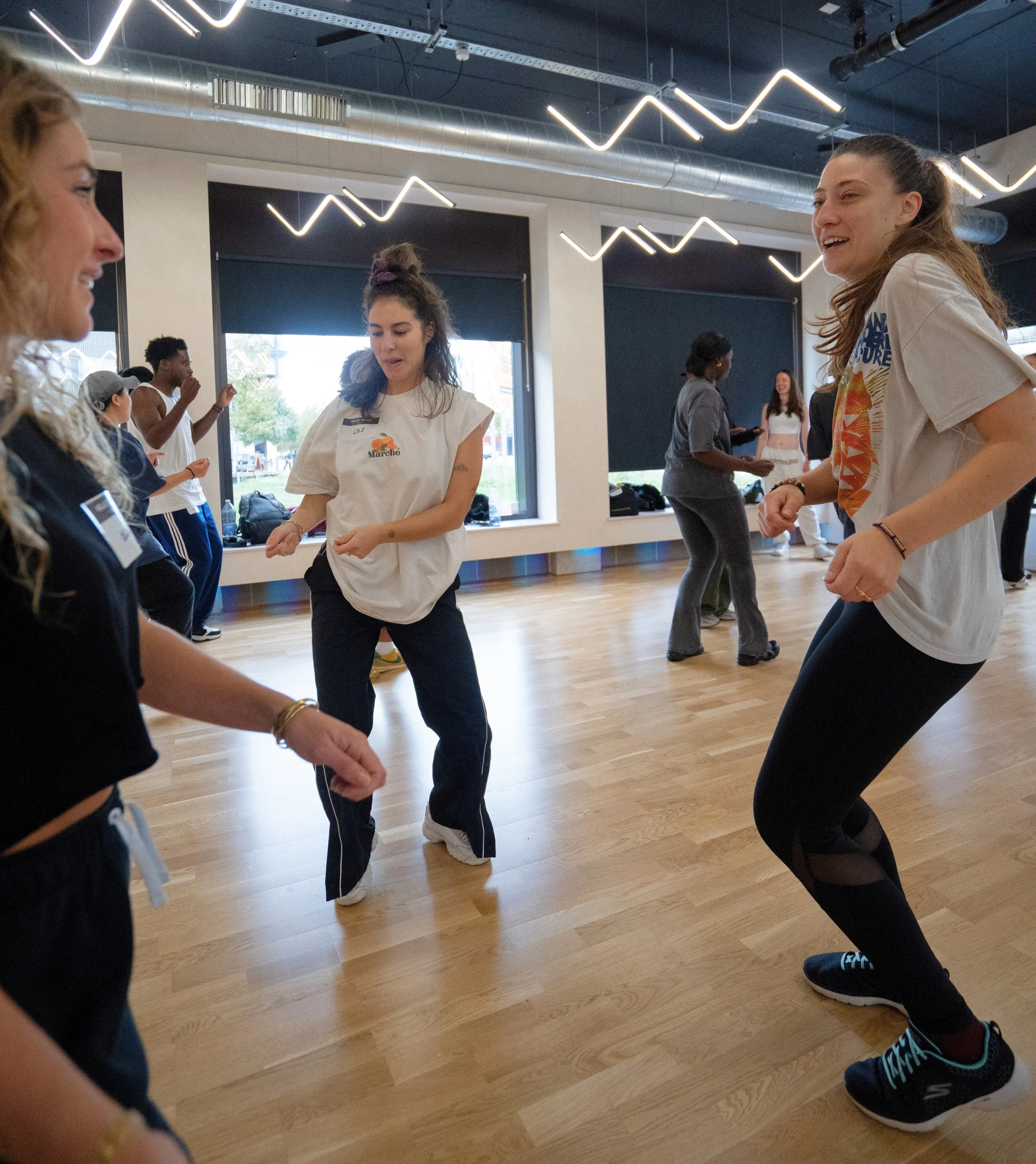 Group of people dancing and enjoying themselves in a dance studio with wooden floors and modern lighting.