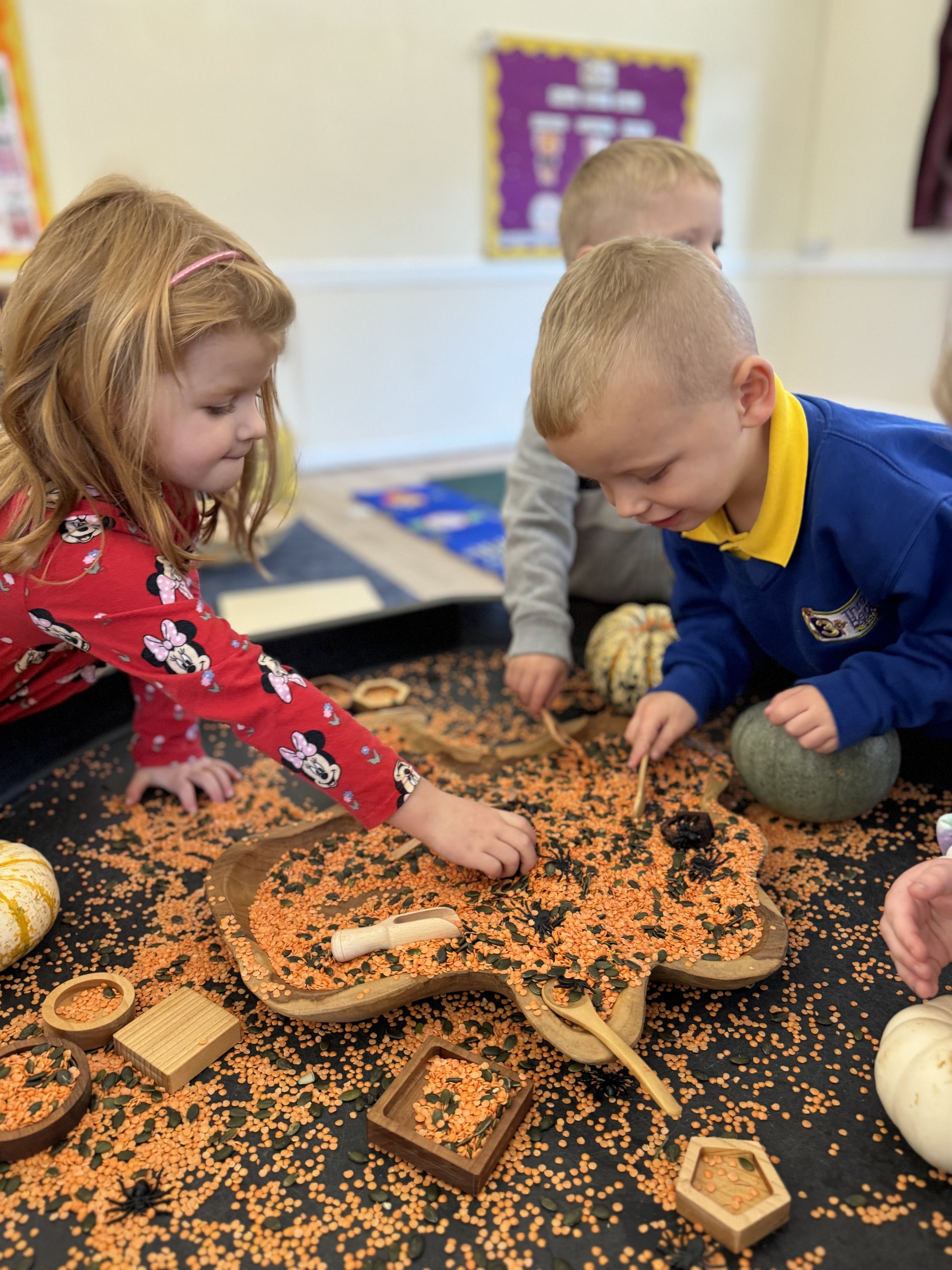 Children playing with Halloween-themed sensory bin containing orange lentils, black plastic spiders, small pumpkins, and Halloween toys in a classroom.