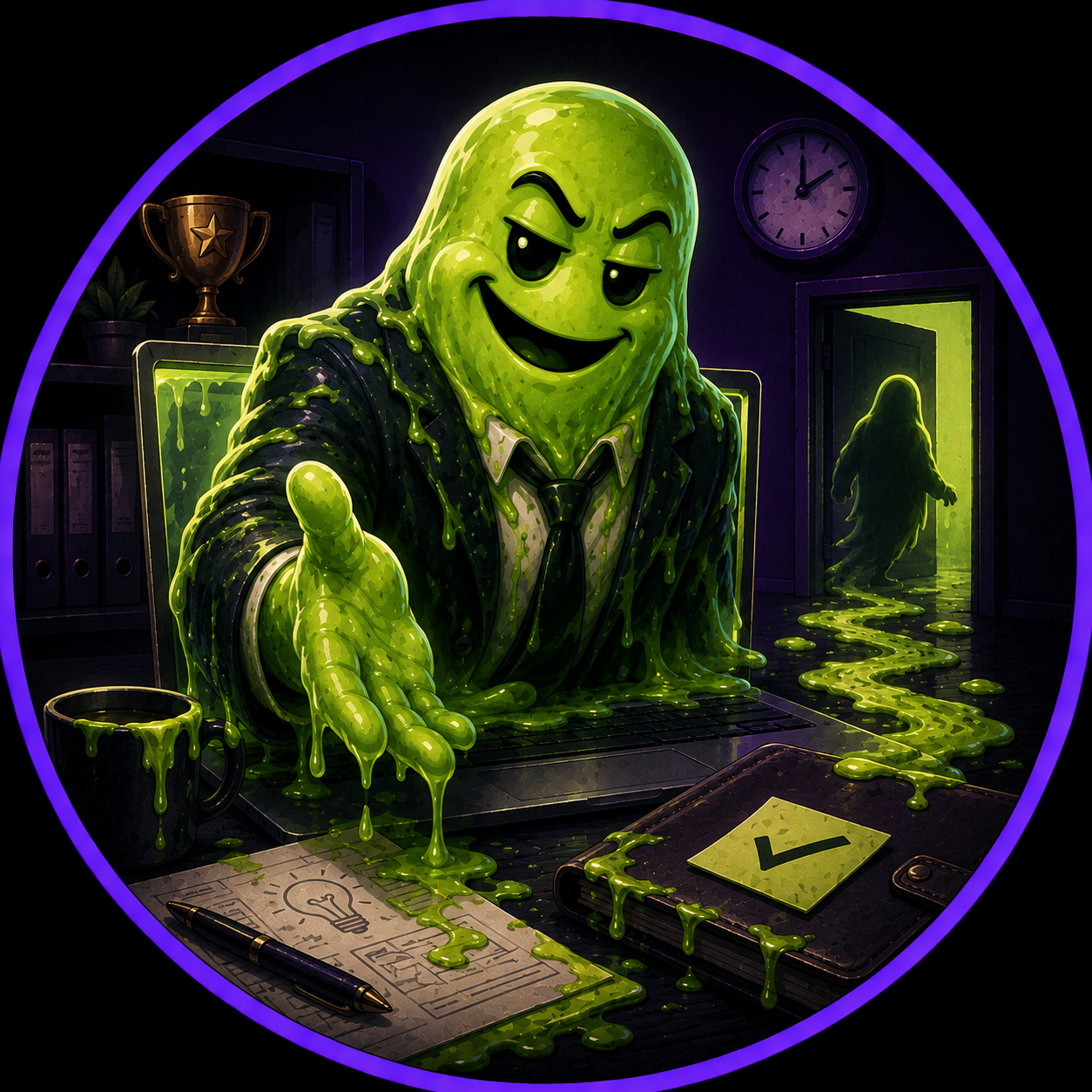 Cartoon illustration of a cute, smiling ghost with big eyes, blushing cheeks, and a small mouth, set against a purple background.
