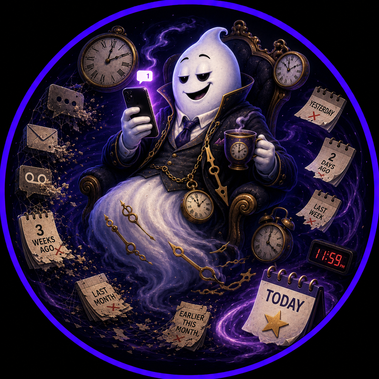 A cute cartoon ghost with a smiling face, pink cheeks, and big black eyes, set against a purple background.