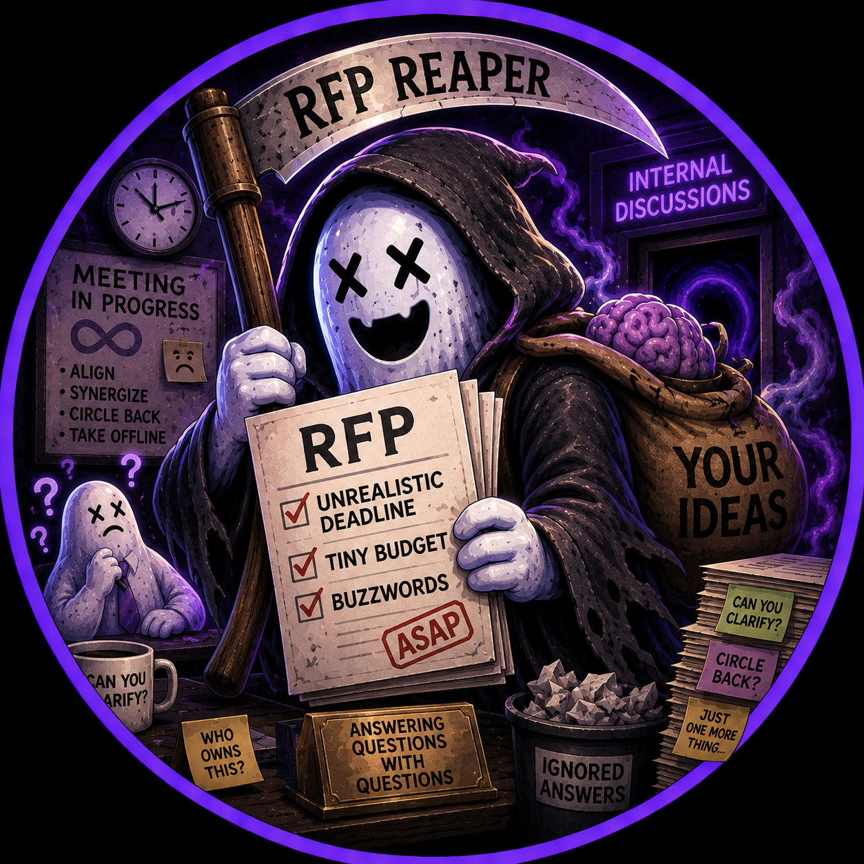 Animated cute ghost figure with big black eyes, small pink cheeks, and a simple mouth, standing against a warm orange background.
