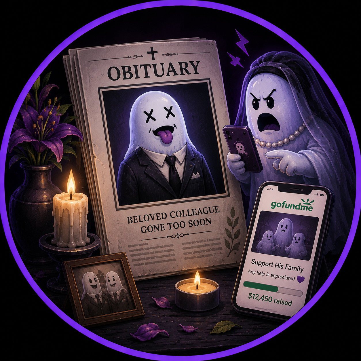 A cartoon ghost with large black eyes, pink cheeks, and a small smile, against a purple background.