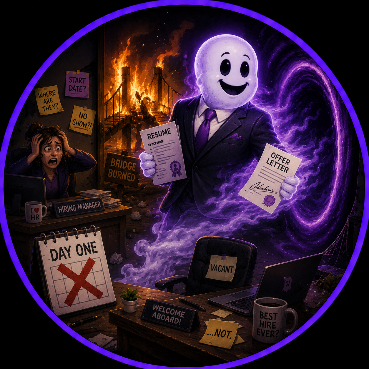 A cute, cartoon ghost with a smiling face, blushing cheeks, large black eyes, set against a purple gradient background.