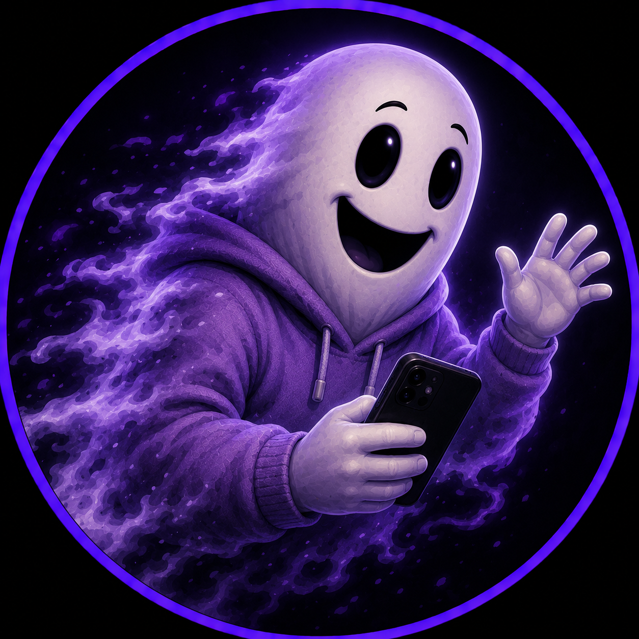 Cute animated ghost with big eyes and blush on cheeks, set against a purple background.