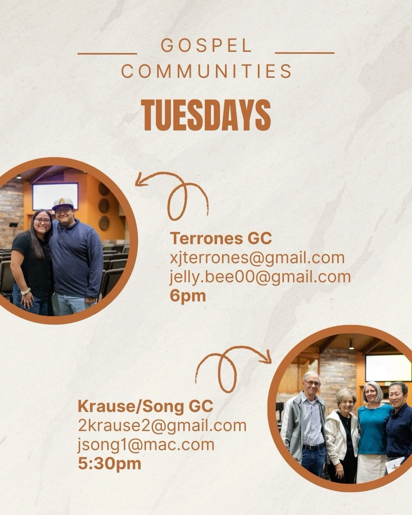 Here are the Tuesday Gospel Communities! If you&rsquo;re looking for a community that meets on a weekday, consider reaching out to either of these GCs! 

#churchonmill #churchfamily #makingdisciples #helpingchurches #tempe