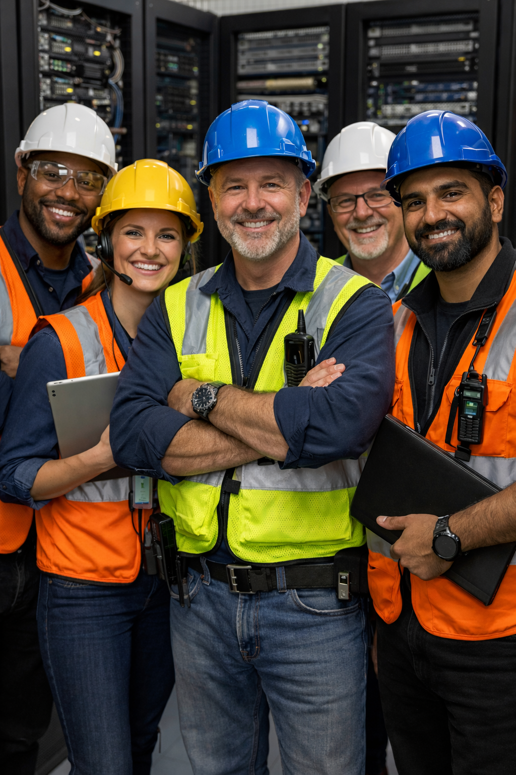 Group of five diverse engineers wearing safety helmets and vests, standing in front of server racks, smiling at the camera.