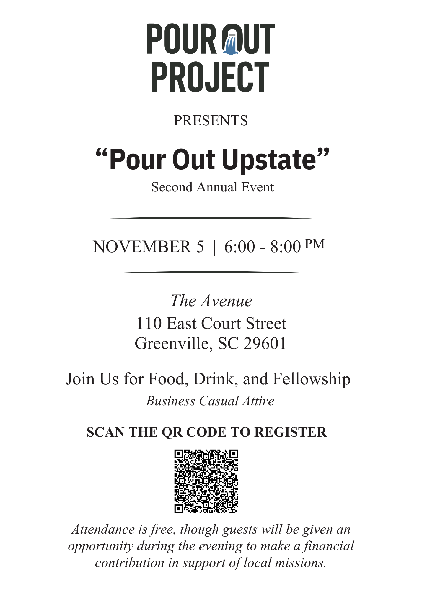 Flyer for the 'Pour Out Upstate' event, featuring the event name, date, time, location, and a QR code for registration.