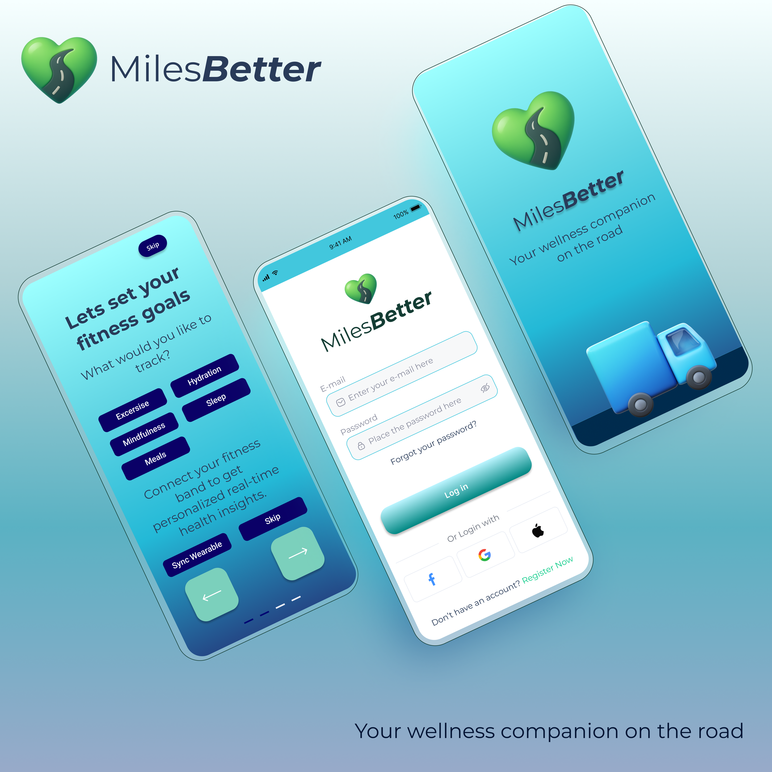 Mobile app screens for MilesBetter, a wellness and fitness tracking app, including login, goal setting, and app icon with a heart-shaped road inside a green heart.