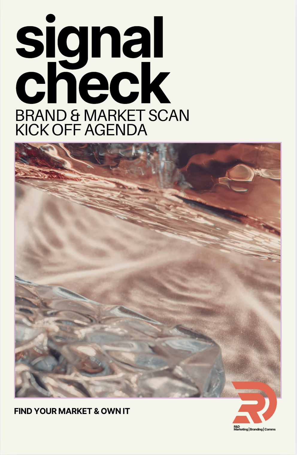 Cover page of a report titled 'Signal Check,' focusing on brand and market scan for a kickoff agenda. The cover features an abstract image of crystal ice and metallic textures with text including the title and a logo at the bottom right corner.