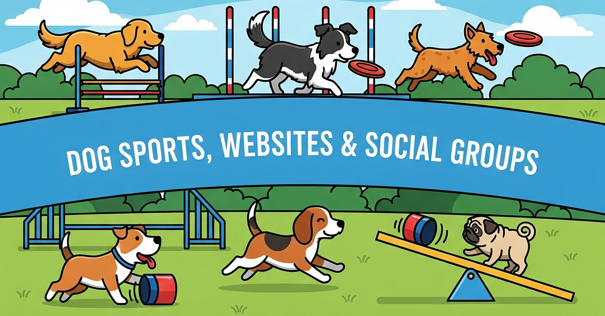 Illustration of dogs playing various dog sports such as jumping over hurdles, retrieving frisbees, and balancing on a seesaw in an outdoor park with green grass, bushes, and blue sky with white clouds. Text on a blue banner reads, 'Dog Sports, Websites & Social Groups.'