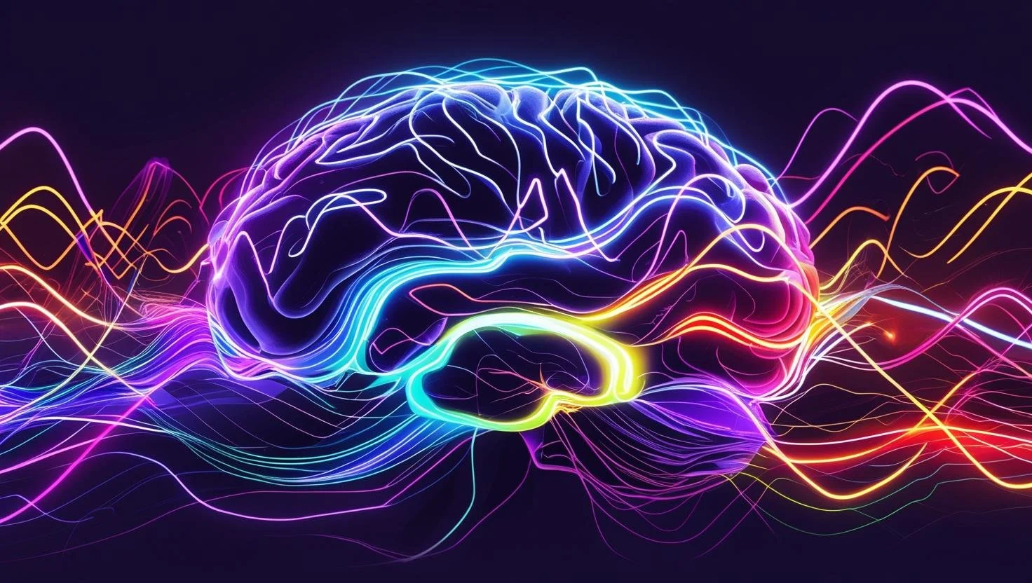A digital illustration of a human brain outlined with colorful neon lights, with flowing lines representing neural connections and activity.