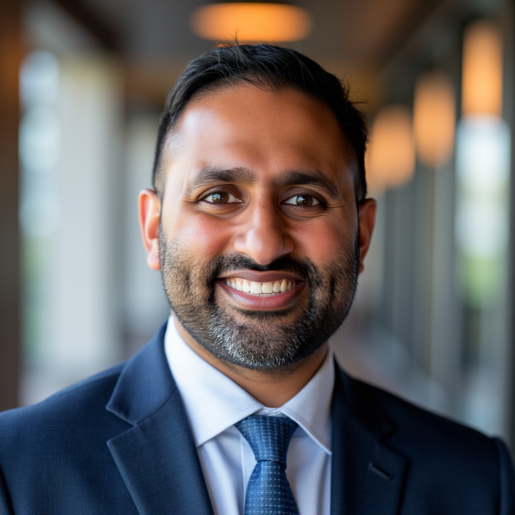 Smiling man in formal business suit with a tie, standing indoors with warm lighting and large windows in the background.